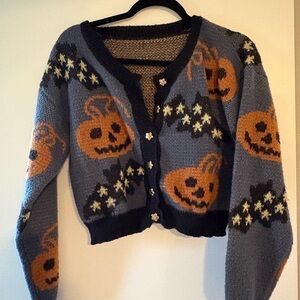 Women's Cropped Pumpkin-Print Cardigan Sweater - Blue & Orange
